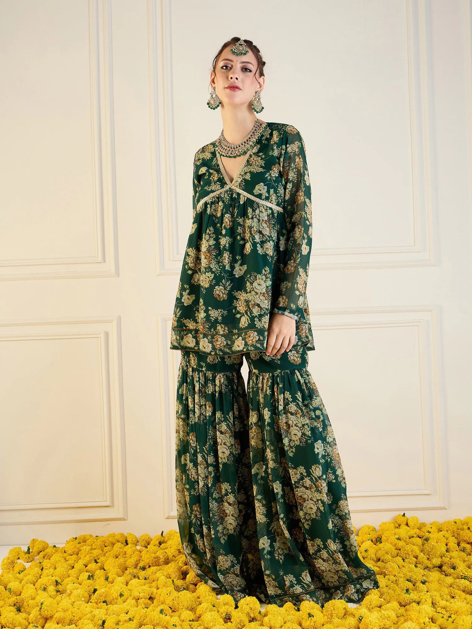Emerald Green Floral Peplum Top & Sharara Pants Co Ord Sets