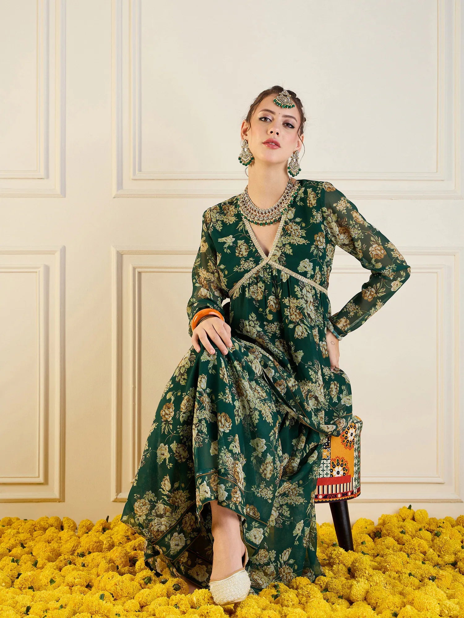 Emerald Green Floral Peplum Top & Sharara Pants Co Ord Sets