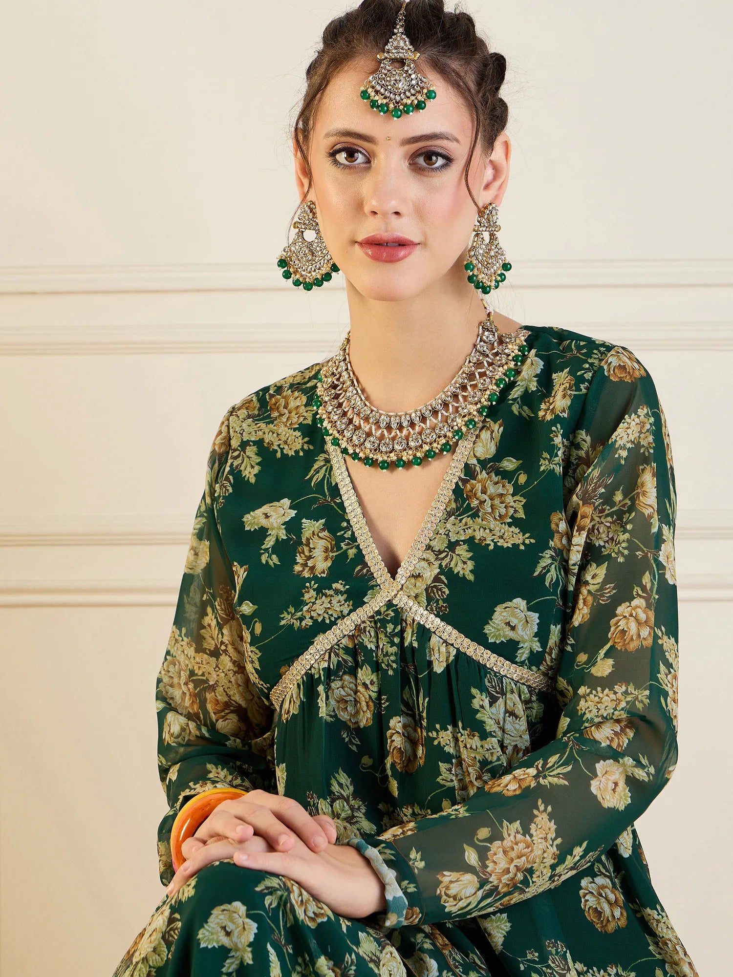 Emerald Green Floral Peplum Top & Sharara Pants Co Ord Sets
