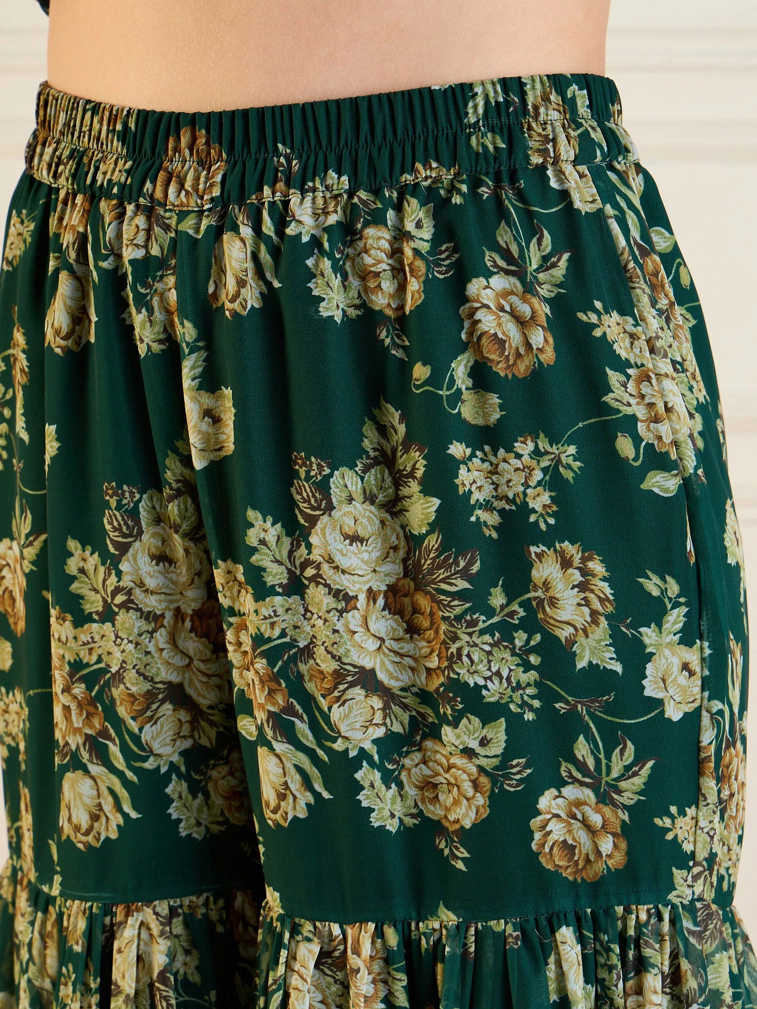 Emerald Green Floral Peplum Top & Sharara Pants Co Ord Sets