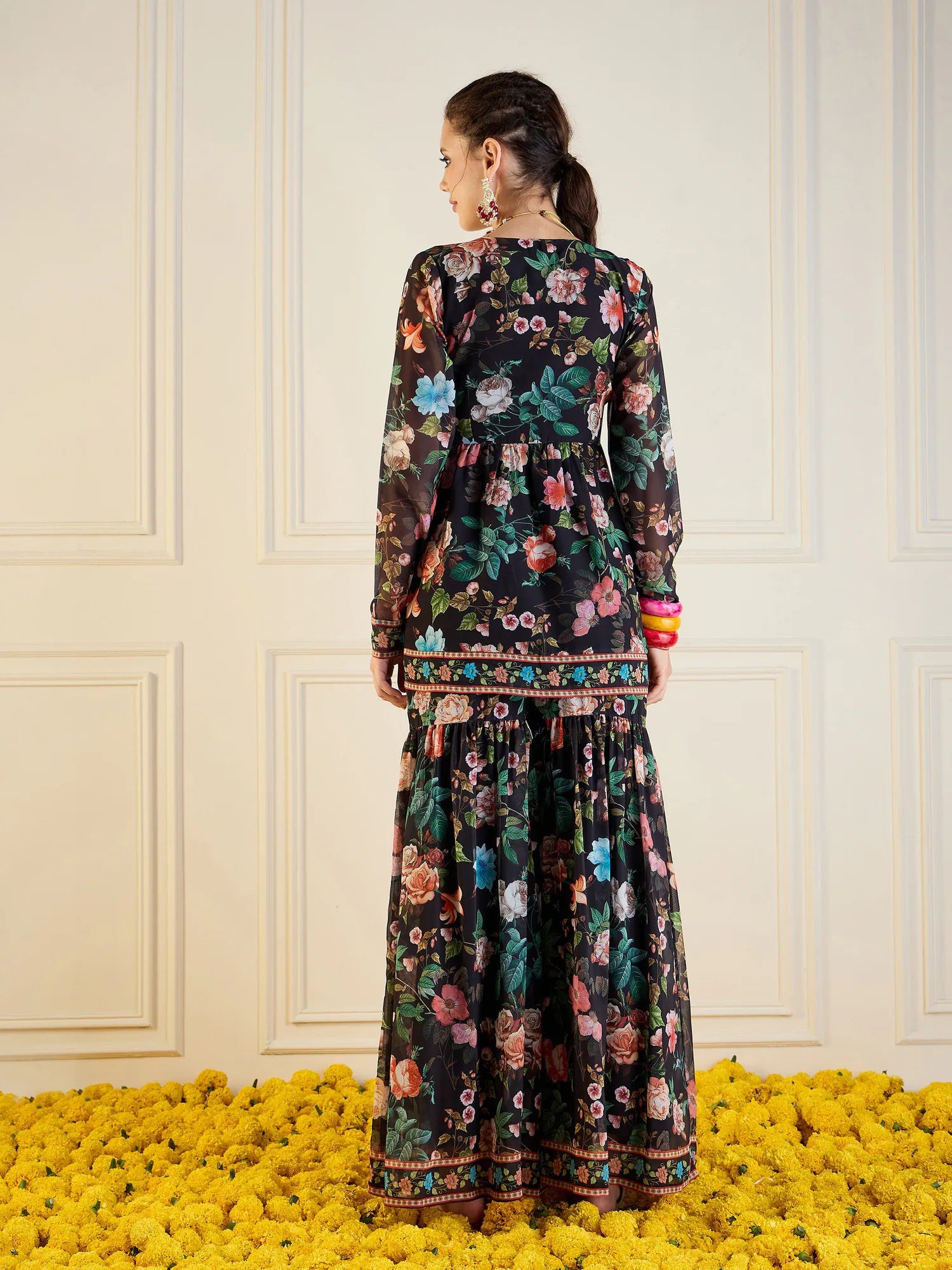 Black Floral Peplum Top & Sharara Pants - Chic Co Ord Sets