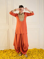 Women Rust Rayon Embroidered Short Kurta With Dhoti Skirt-SHSET95939