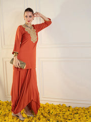 Women Rust Rayon Embroidered Short Kurta With Dhoti Skirt-SHSET95939
