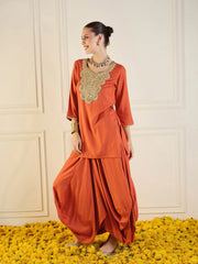 Women Rust Rayon Embroidered Short Kurta With Dhoti Skirt-SHSET95939