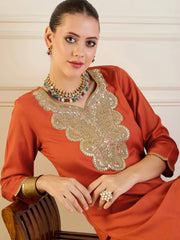 Women Rust Rayon Embroidered Short Kurta With Dhoti Skirt-SHSET95939