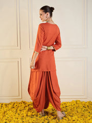 Women Rust Rayon Embroidered Short Kurta With Dhoti Skirt-SHSET95939