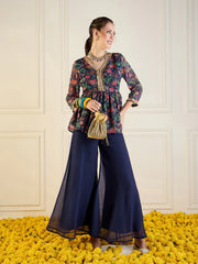 Women Navy Floral Peplum Top With Flared Pants-SHSET95940