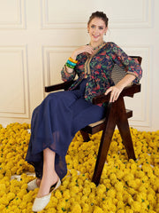 Women Navy Floral Peplum Top With Flared Pants-SHSET95940