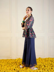 Women Navy Floral Peplum Top With Flared Pants-SHSET95940