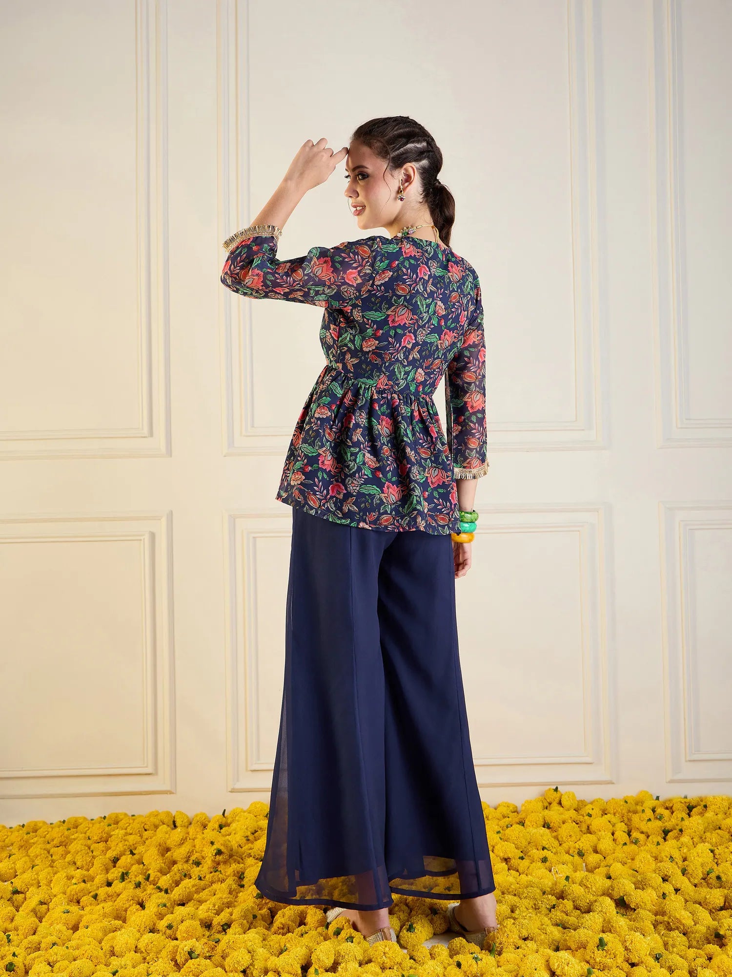 Navy Floral Co Ord Sets Women - Peplum Top & Flared Pants