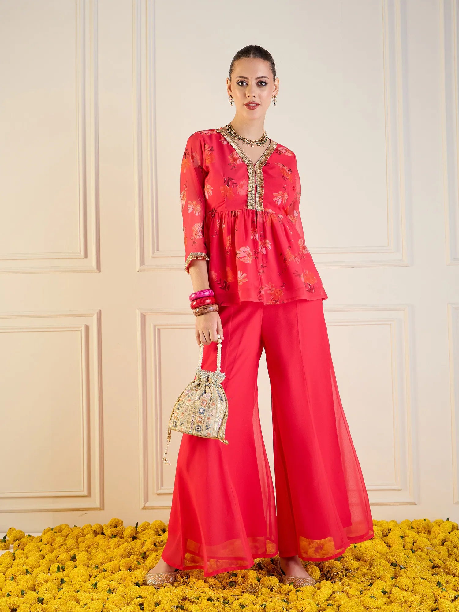Fuchsia Floral Co Ord Sets with Peplum Top & Flared Pants