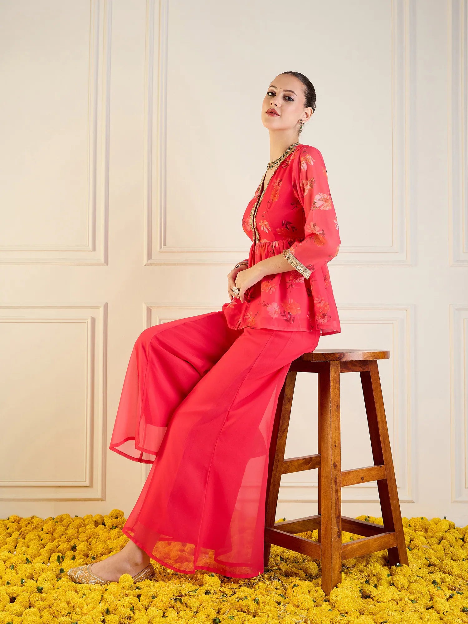 Fuchsia Floral Co Ord Sets with Peplum Top & Flared Pants