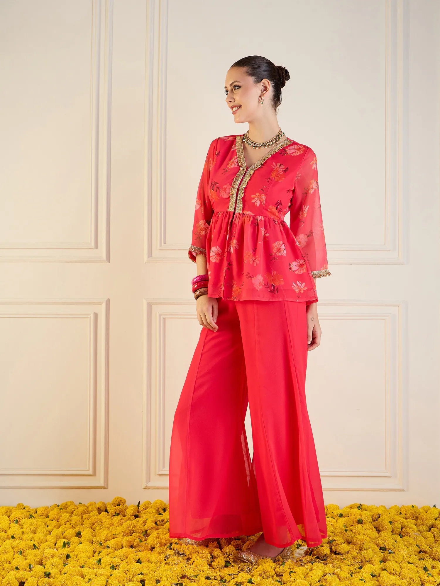 Fuchsia Floral Co Ord Sets with Peplum Top & Flared Pants