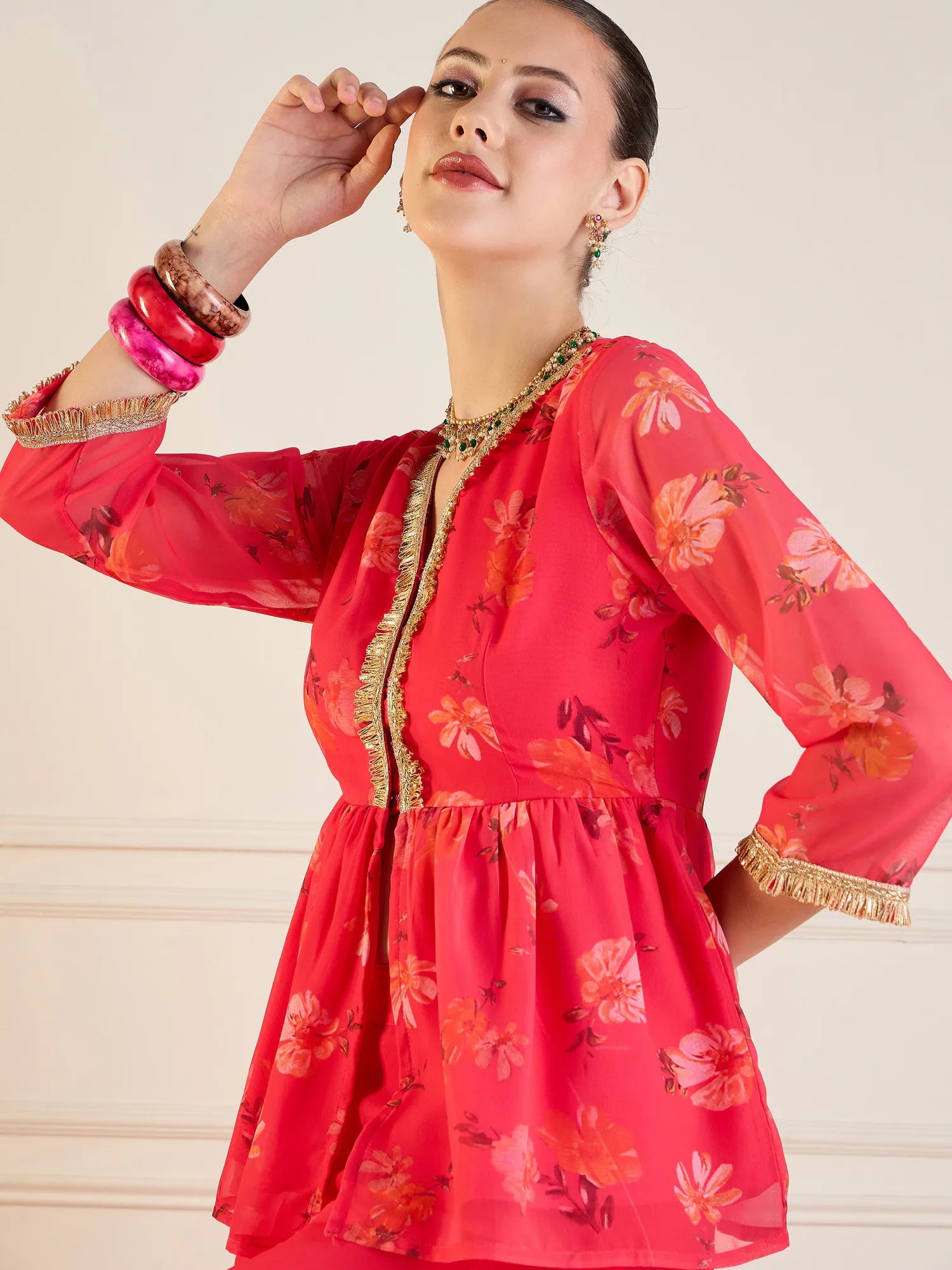 Fuchsia Floral Co Ord Sets with Peplum Top & Flared Pants
