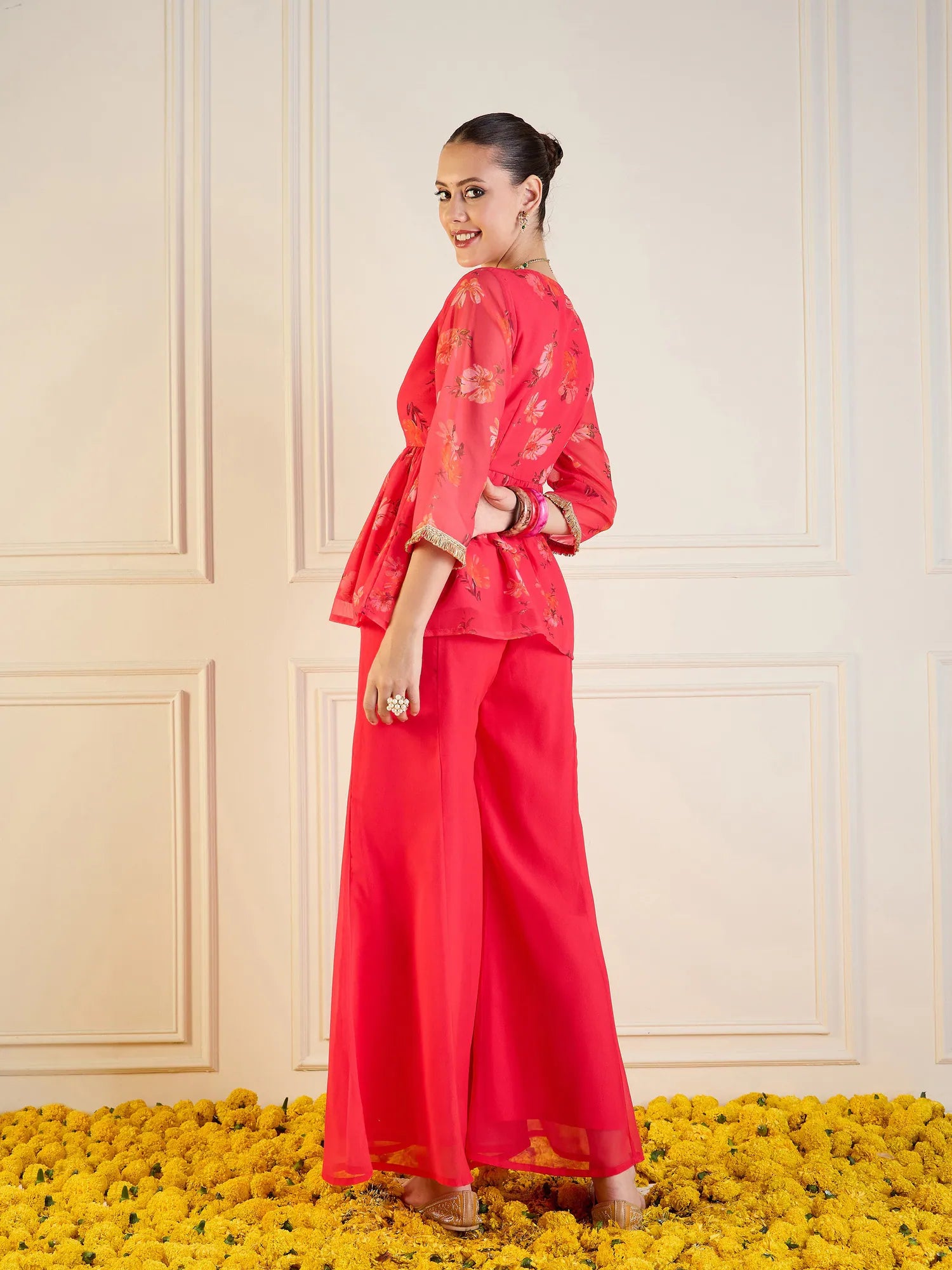 Fuchsia Floral Co Ord Sets with Peplum Top & Flared Pants