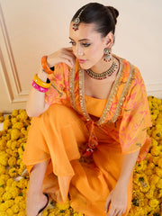 Women Mustard Printed Cape With Flared Pants & Crop Top-SHSET95942