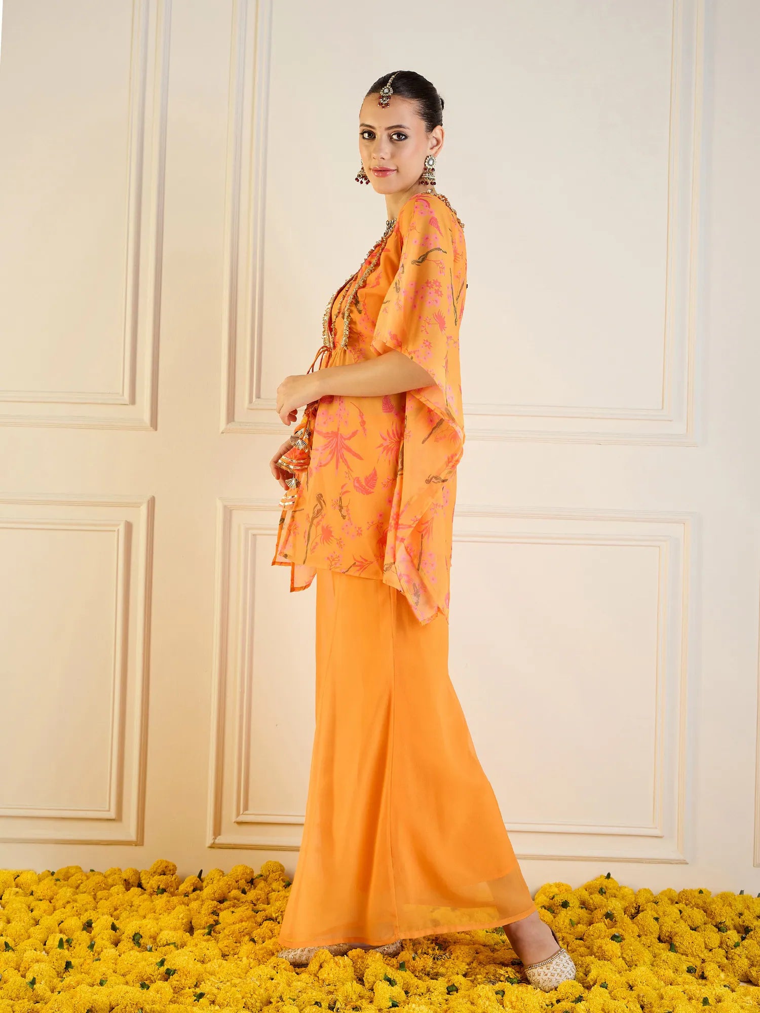 Mustard Printed Cape & Flared Pants - Designer Co Ord Sets