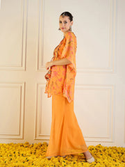 Women Mustard Printed Cape With Flared Pants & Crop Top-SHSET95942