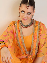 Women Mustard Printed Cape With Flared Pants & Crop Top-SHSET95942