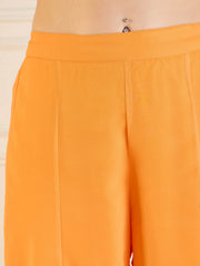 Women Mustard Printed Cape With Flared Pants & Crop Top-SHSET95942
