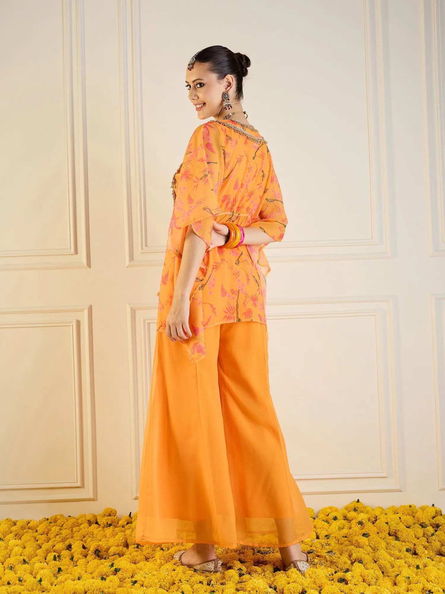 Mustard Printed Cape & Flared Pants - Designer Co Ord Sets
