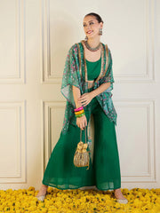 Women Green Printed Cape With Flared Pants & Crop Top-SHSET95943