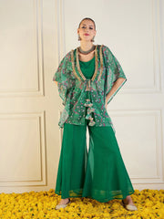 Women Green Printed Cape With Flared Pants & Crop Top-SHSET95943