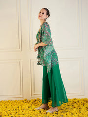 Women Green Printed Cape With Flared Pants & Crop Top-SHSET95943