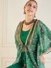 Women Green Printed Cape With Flared Pants & Crop Top-SHSET95943
