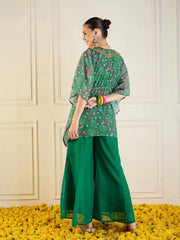 Women Green Printed Cape With Flared Pants & Crop Top-SHSET95943
