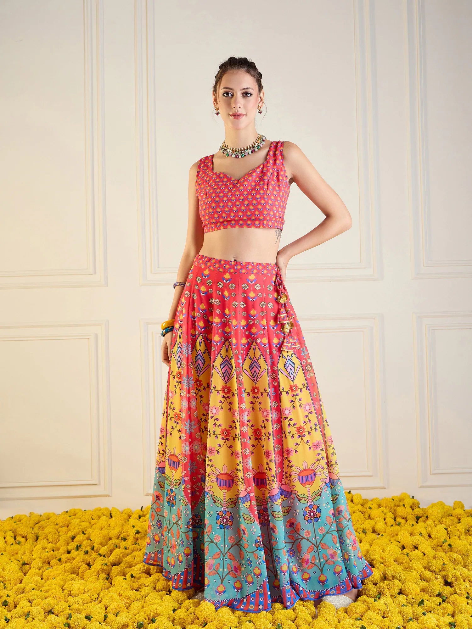 Red & Yellow Floral Lehenga | Anarkali Skirt with Dori Top
