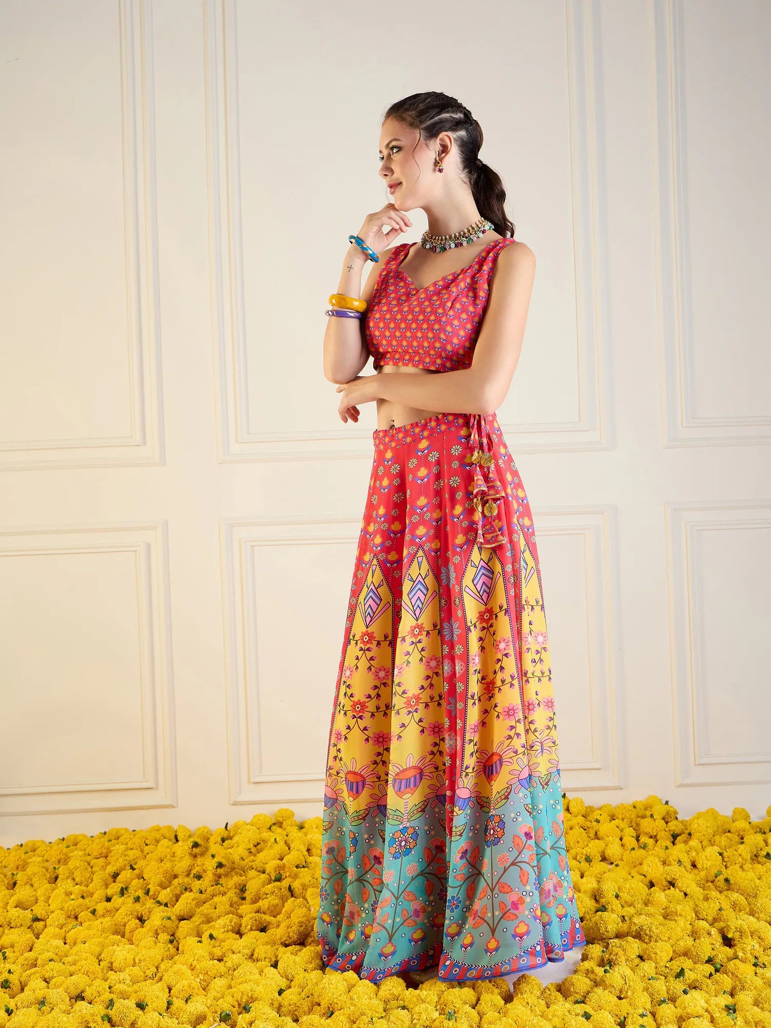 Red & Yellow Floral Lehenga | Anarkali Skirt with Dori Top
