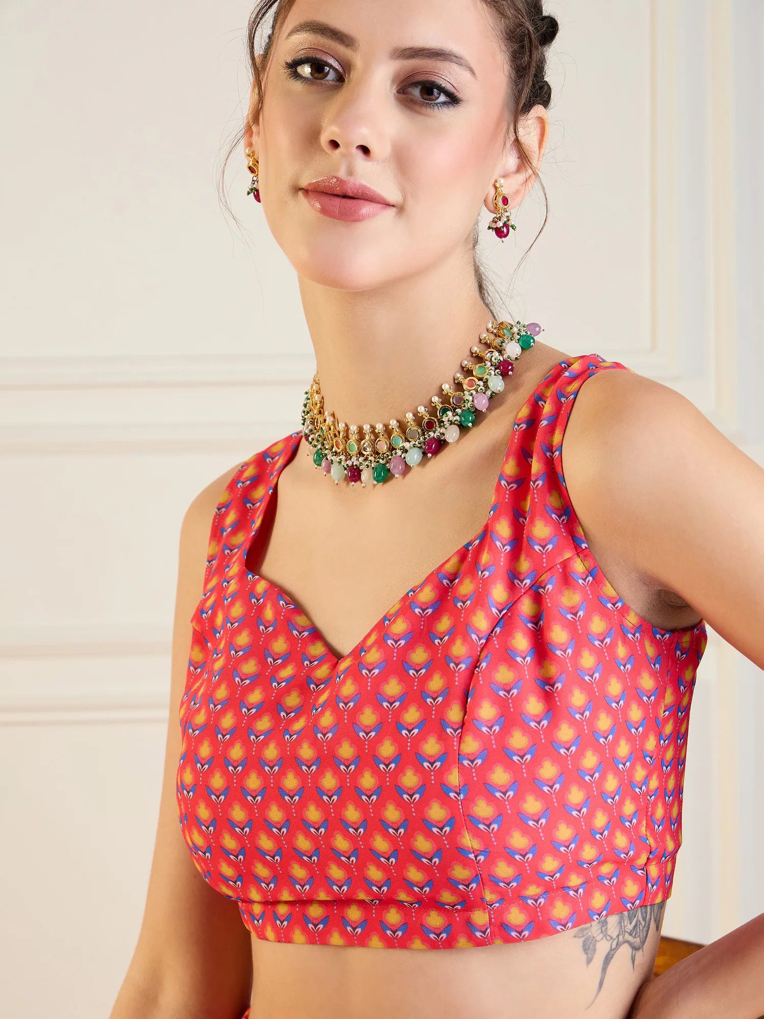 Red & Yellow Floral Lehenga | Anarkali Skirt with Dori Top