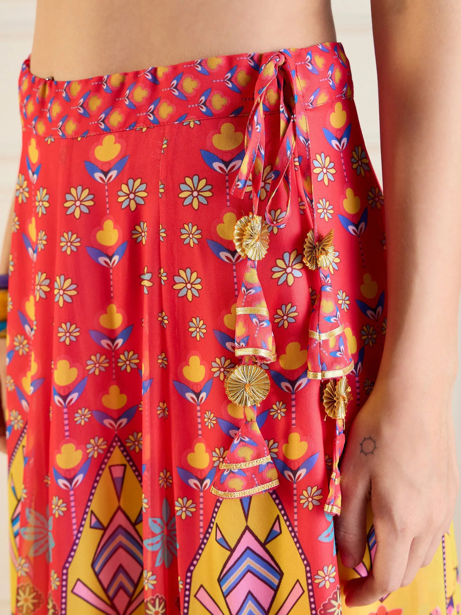 Red & Yellow Floral Lehenga | Anarkali Skirt with Dori Top
