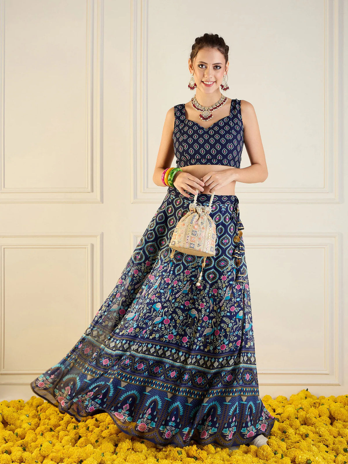 Women Navy Floral Anarkali Skirt With Dori Crop Top-SHSET95945