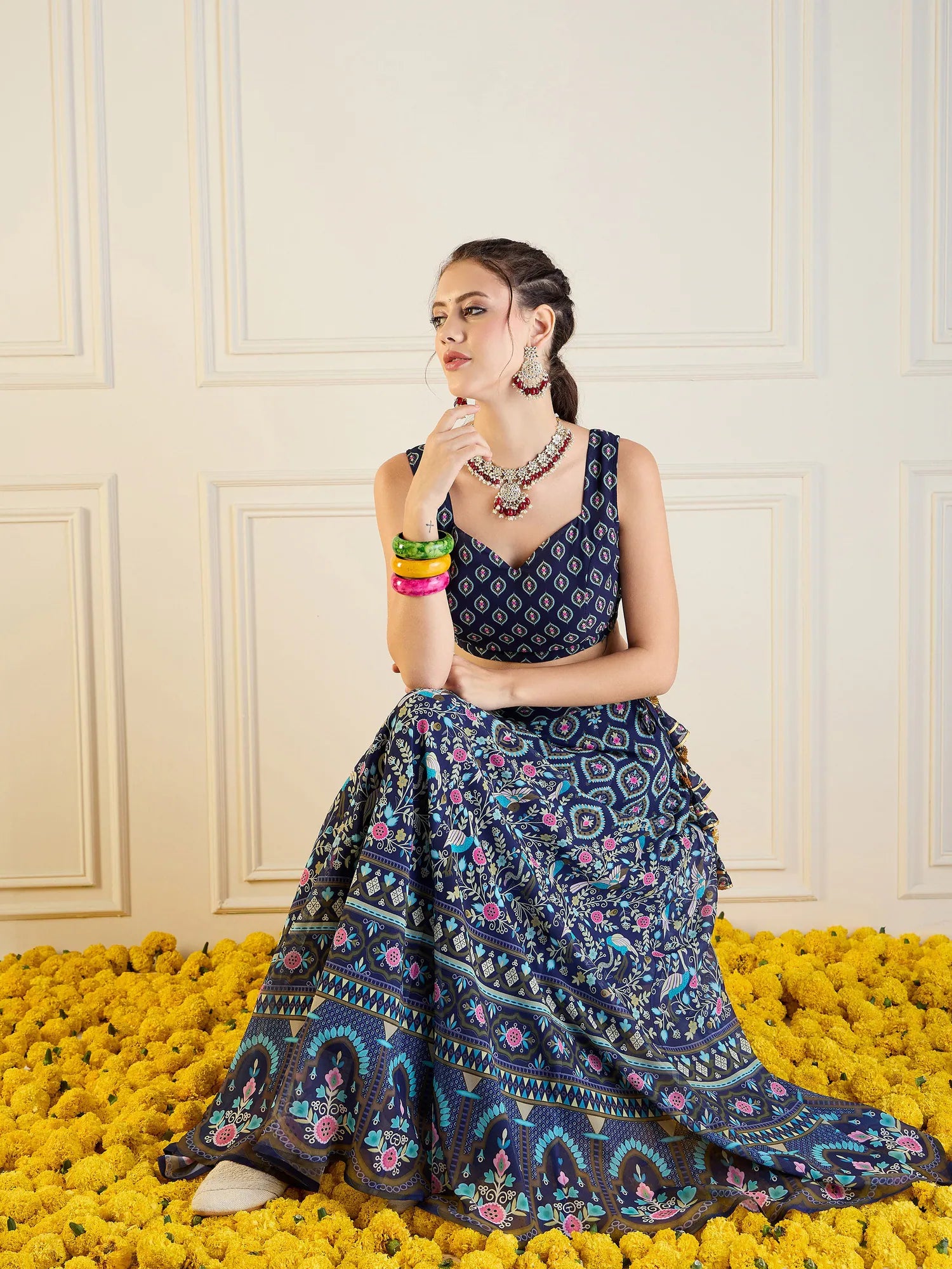 Navy Floral Anarkali Skirt & Dori Top | Women's Lehenga Choli