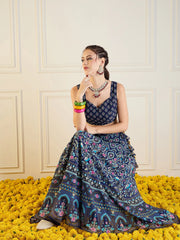 Women Navy Floral Anarkali Skirt With Dori Crop Top-SHSET95945