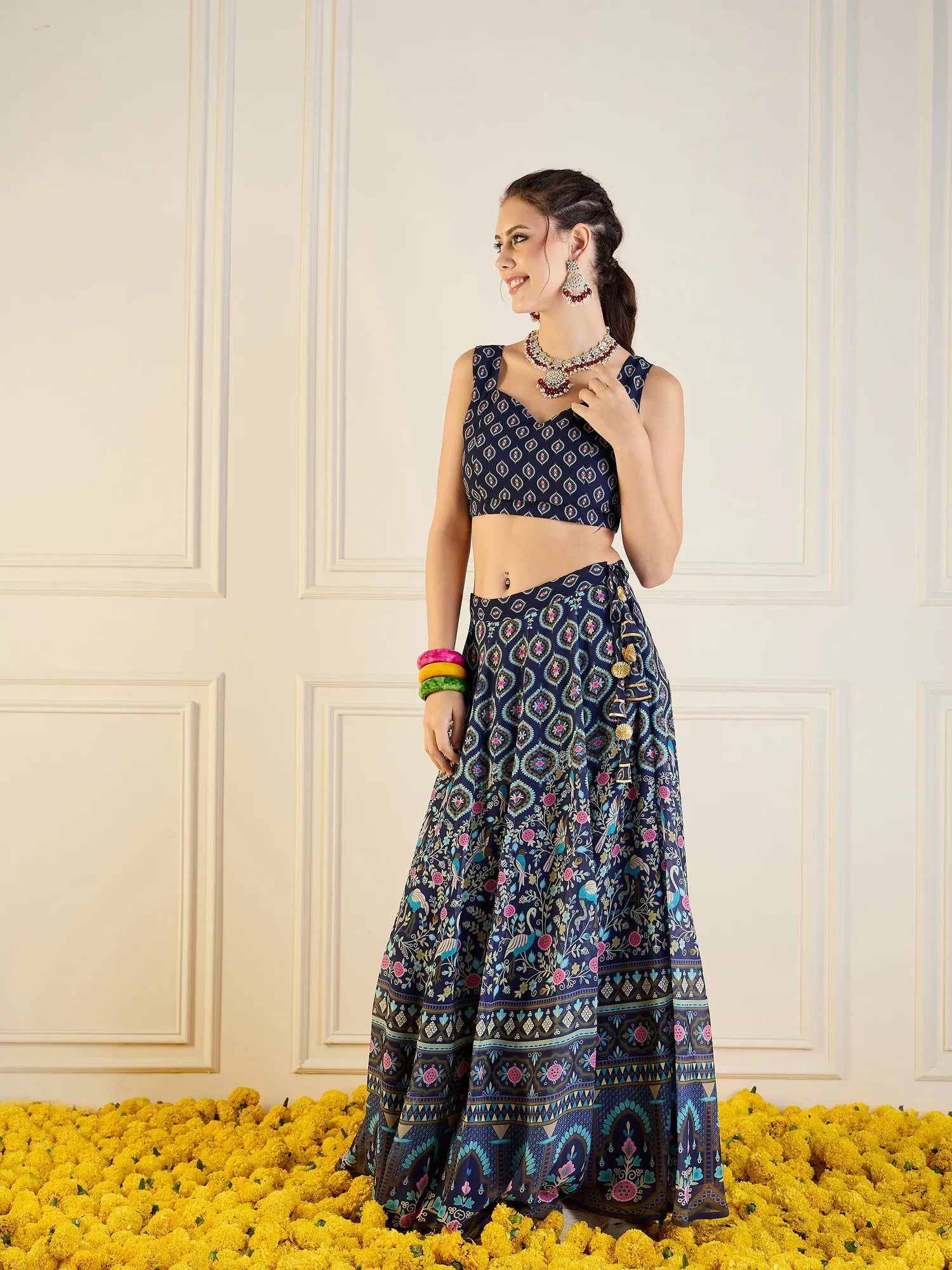 Navy Floral Anarkali Skirt & Dori Top | Women's Lehenga Choli