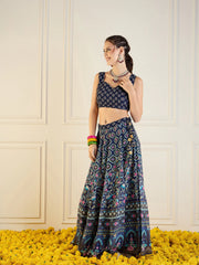 Women Navy Floral Anarkali Skirt With Dori Crop Top-SHSET95945