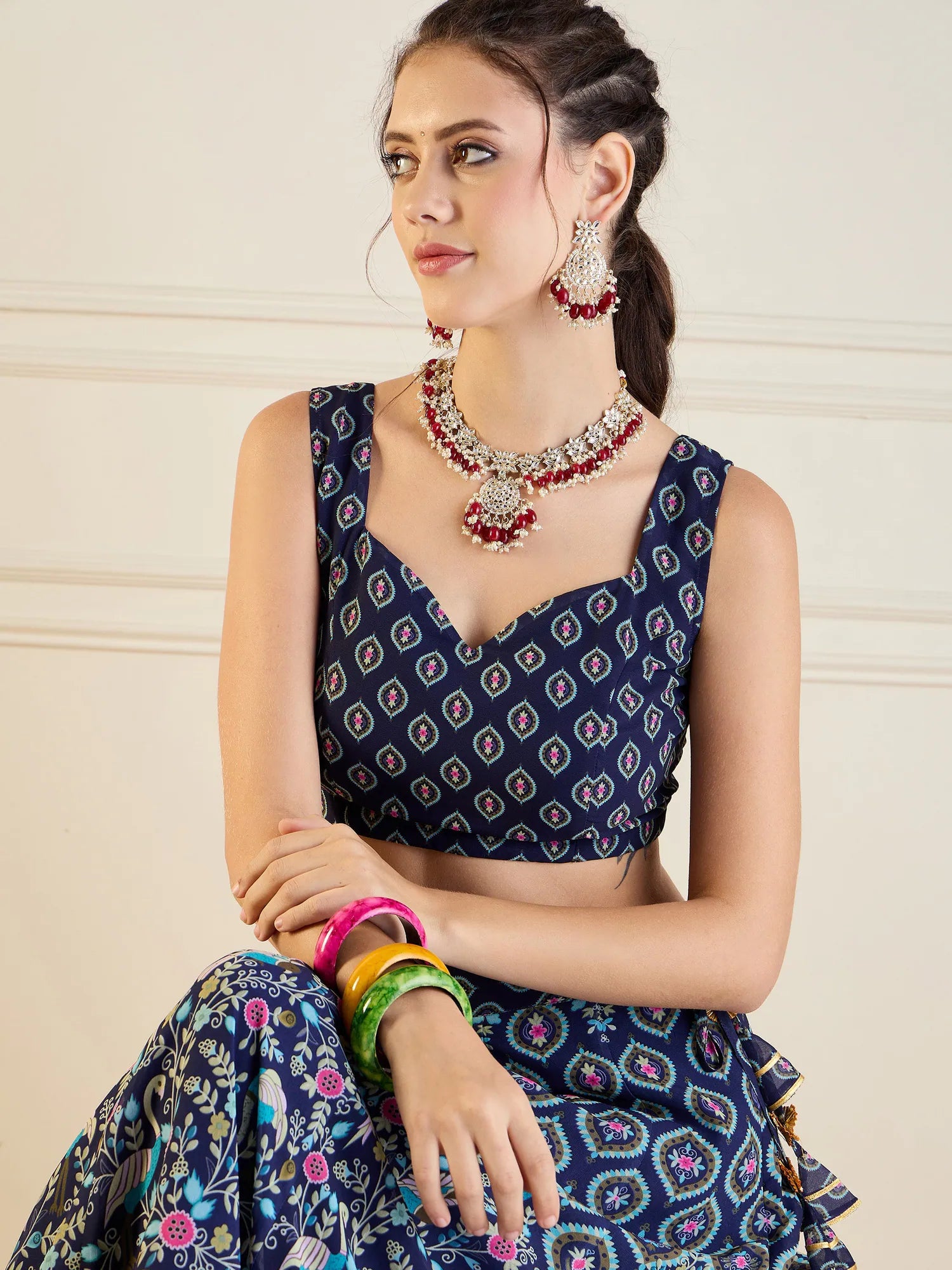 Navy Floral Anarkali Skirt & Dori Top | Women's Lehenga Choli