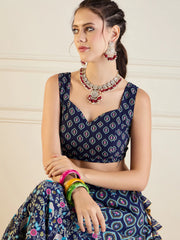 Women Navy Floral Anarkali Skirt With Dori Crop Top-SHSET95945