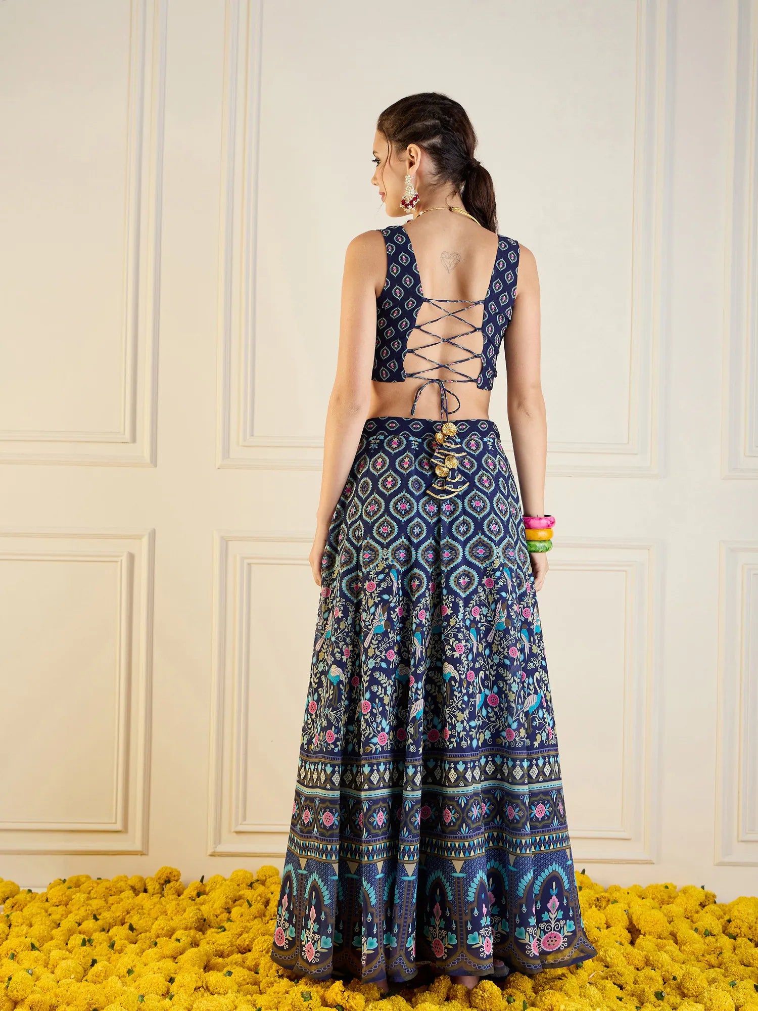 Navy Floral Anarkali Skirt & Dori Top | Women's Lehenga Choli