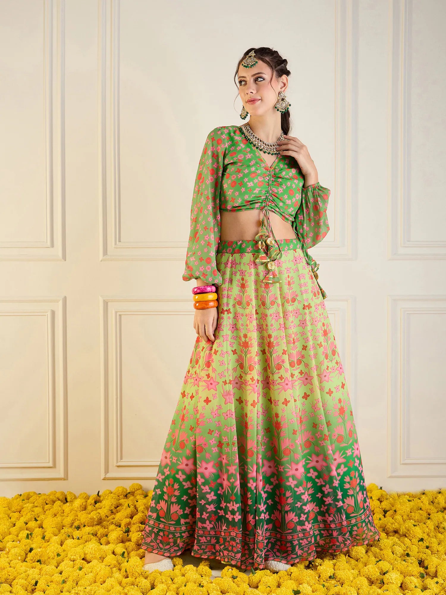 Green Floral Anarkali Skirt With Ruching Crop Top - Festive Le...
