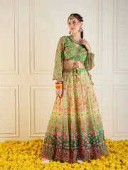 Women Green Floral Anarkali Skirt With Ruching Crop Top-SHSET95947