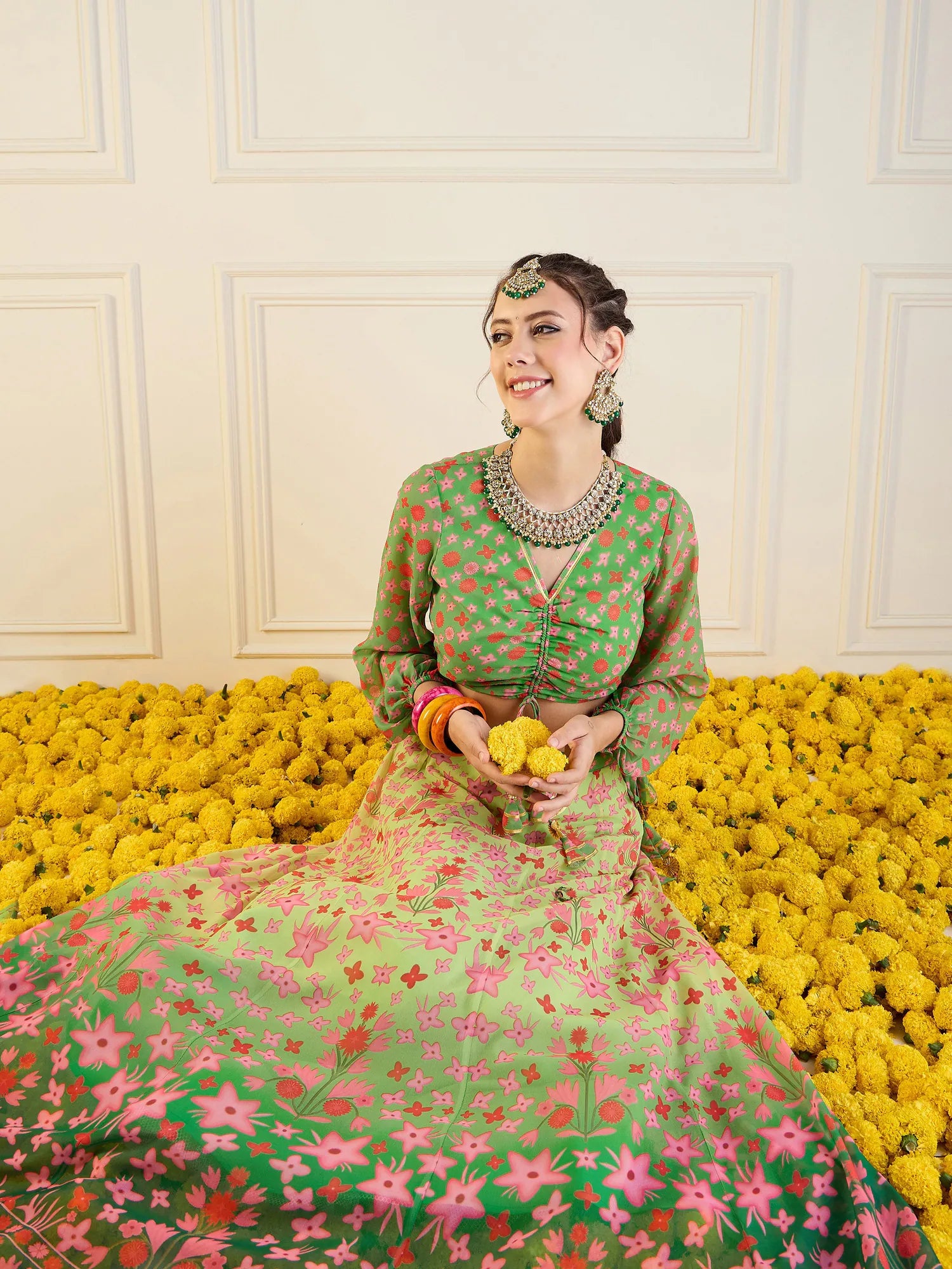 Green Floral Anarkali Skirt With Ruching Crop Top - Festive Le...