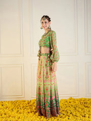 Women Green Floral Anarkali Skirt With Ruching Crop Top-SHSET95947