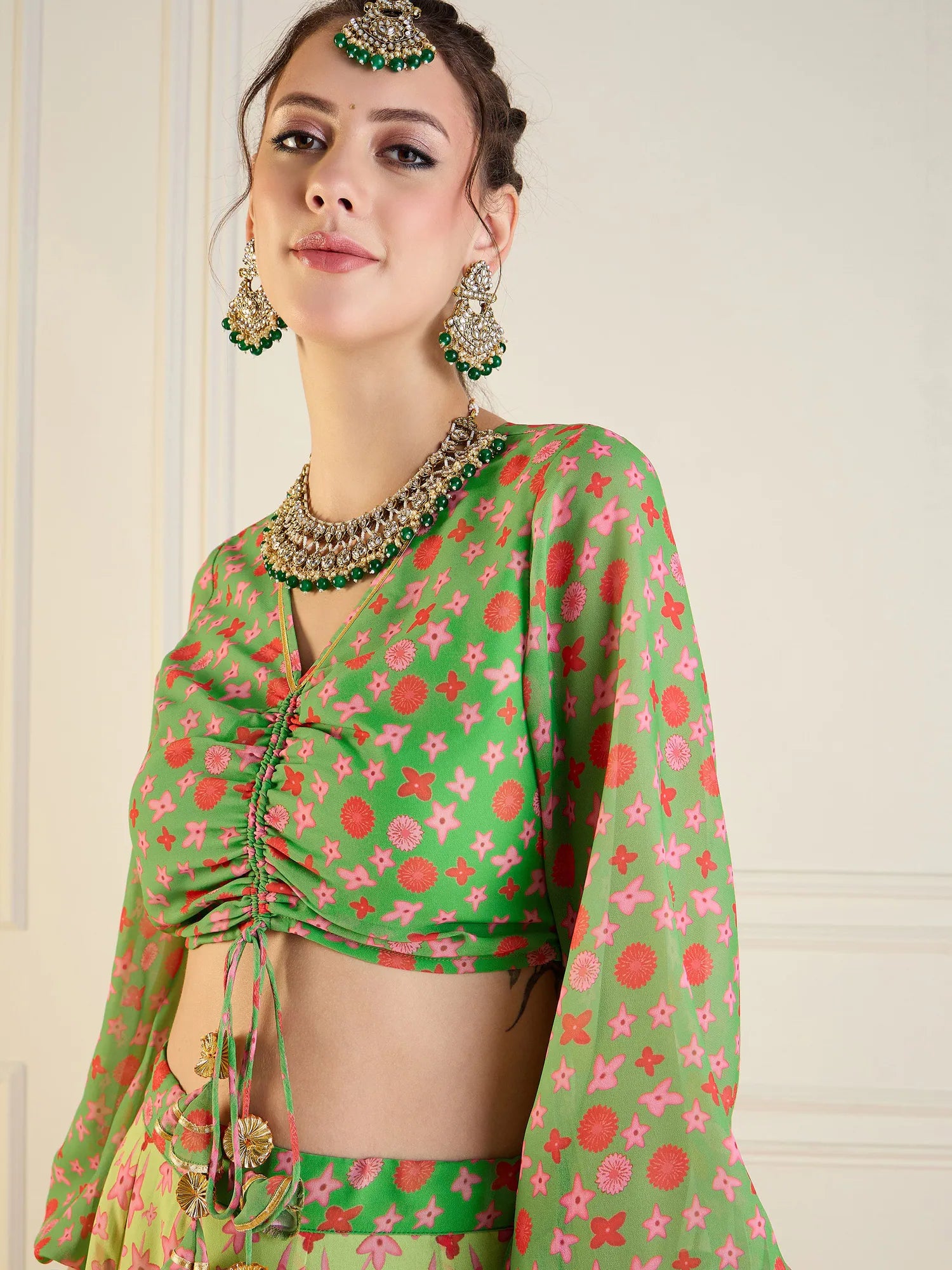 Green Floral Anarkali Skirt With Ruching Crop Top - Festive Le...