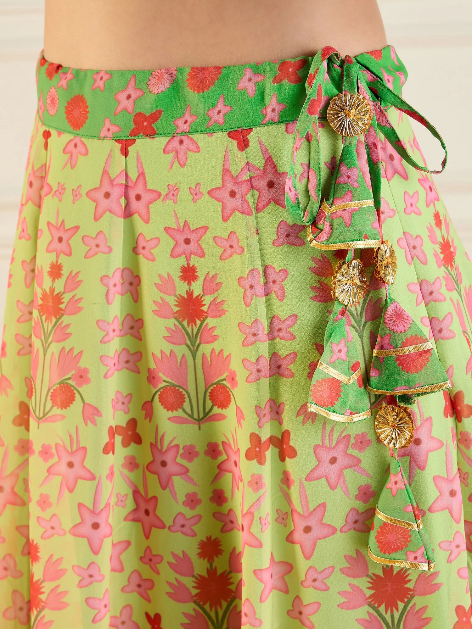 Green Floral Anarkali Skirt With Ruching Crop Top - Festive Le...