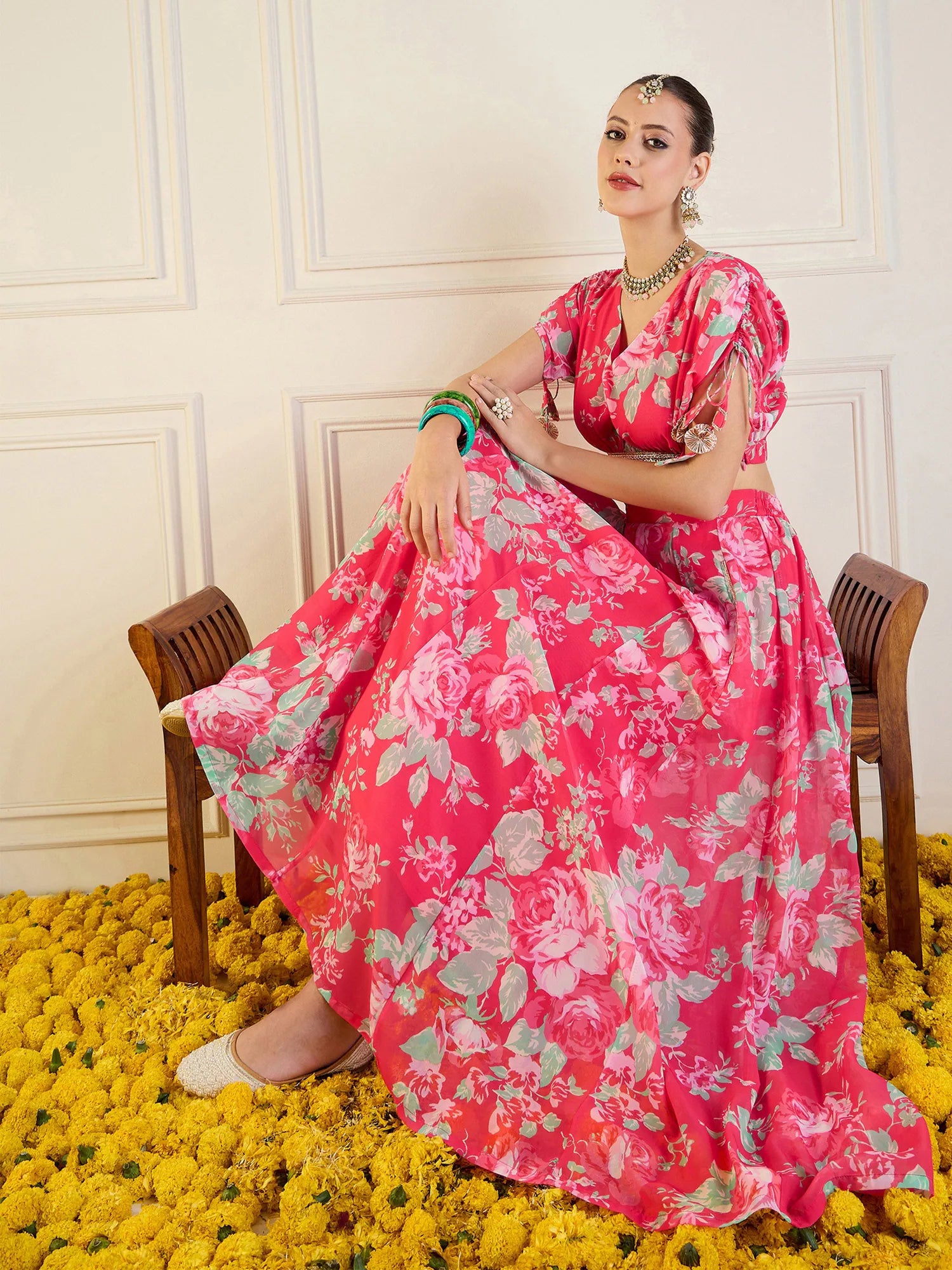 Floral Anarkali Skirt Crop Top - Women's Designer Lehenga