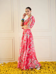 Women Red Floral Anarkali Skirt With Crop Top-SHSET95948